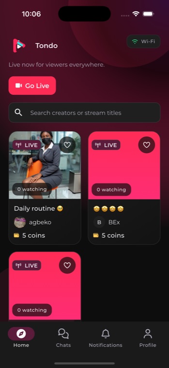 Tondo home feed with live sessions and creator discovery